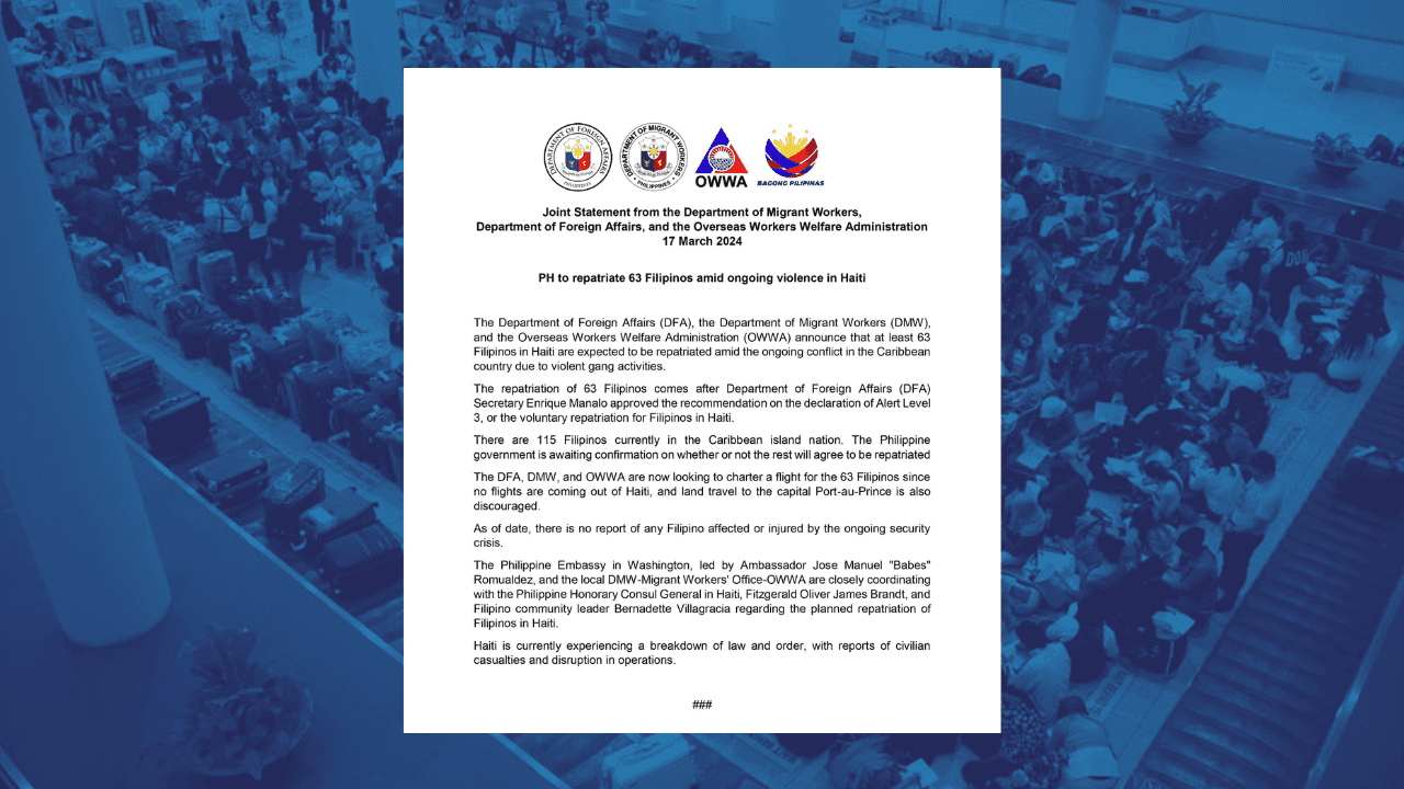 63 Filipinos to be repatriated from Haiti amidst intense gang violence — DMW, DFA