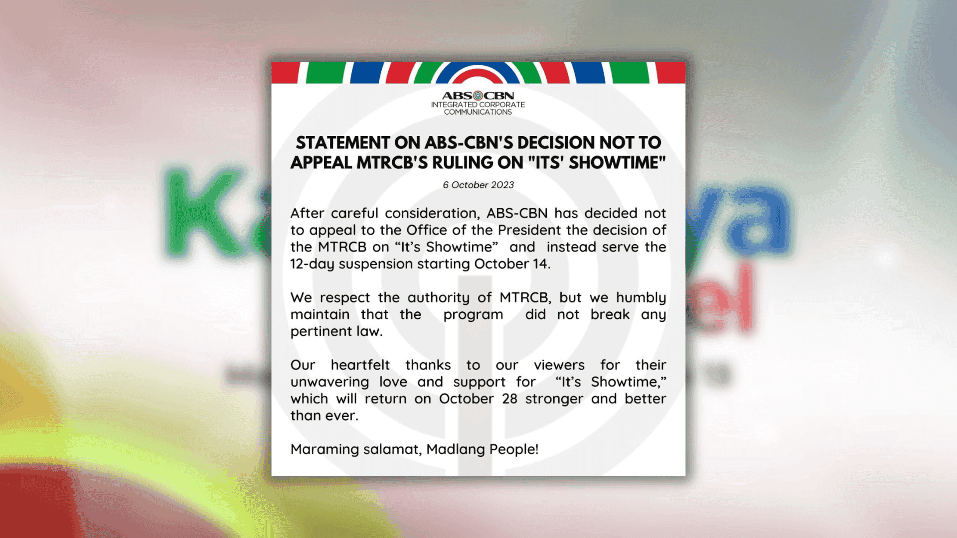 ABS-CBN to not appeal ‘It’s Showtime’ suspension