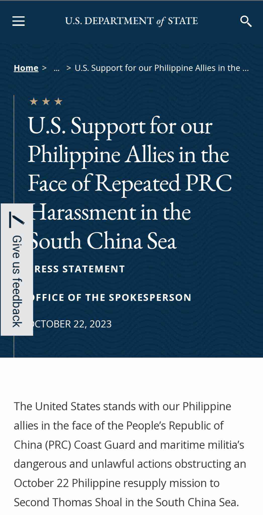 US State Dept reiterates support for PH in the face of “repeated harassment” of China in the South China Sea