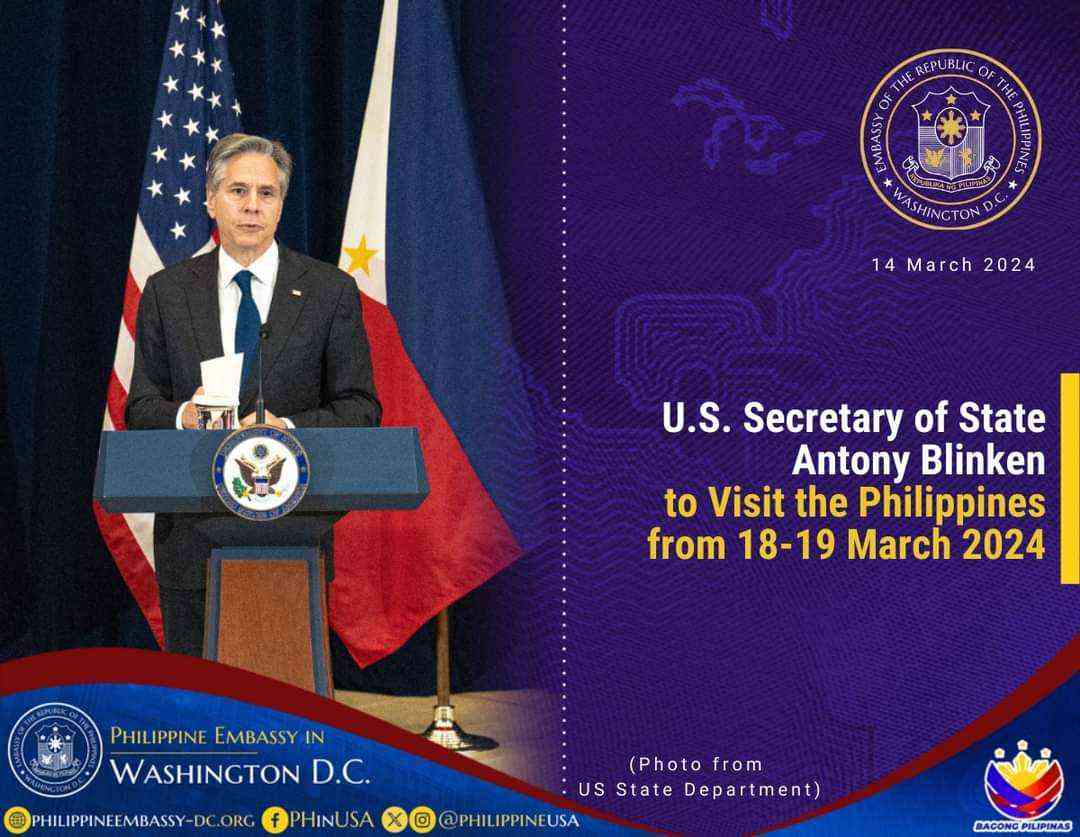 U.S. Secretary of State Blinken to visit PH; will meet PBBM and DFA Sec. Manalo – Philippine Embassy in Washington DC