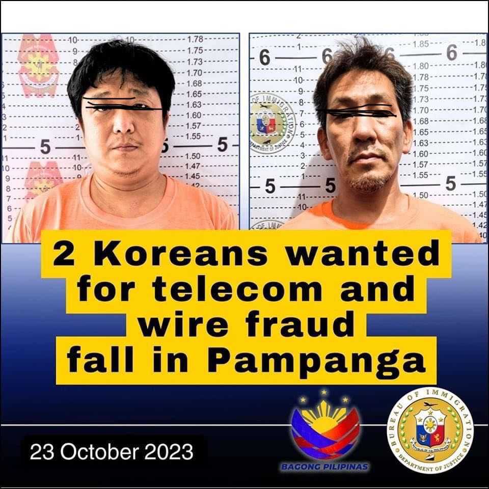 2 Koreans wanted for telecom, wire fraud nabbed in Pampanga