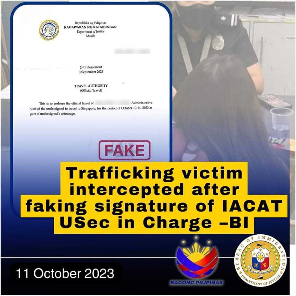 BI intercepts female trafficking victim after faking signature of a DOJ exec.