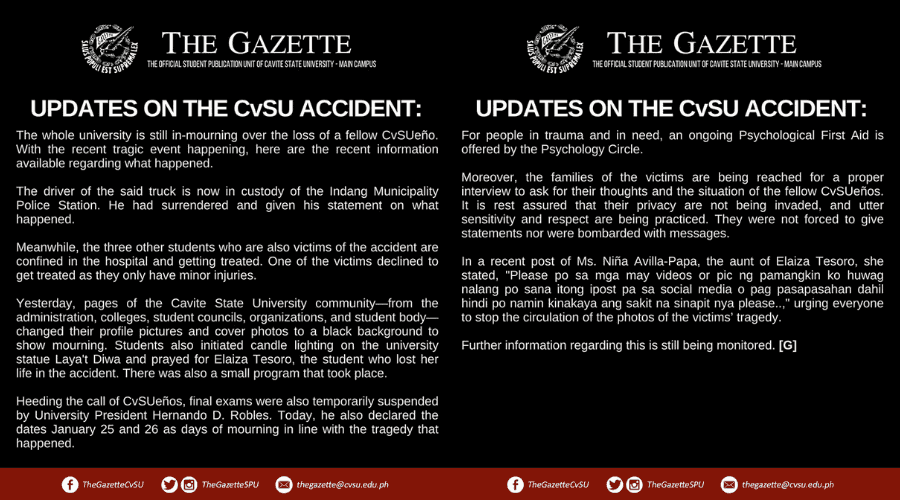 CvSU Indang admin declares "days of mourning" after tragic incident that killed one student