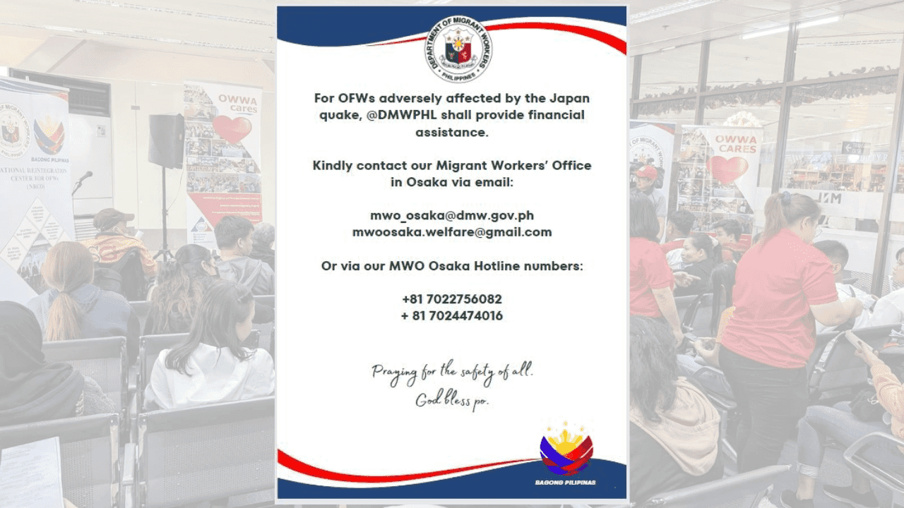 DMW to provide provide cash assistance to OFWs affected by 7.6 quake in Japan