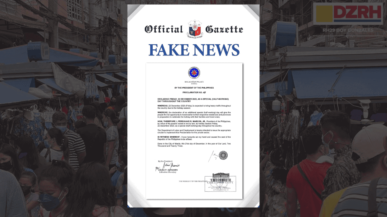 PCO: Circulating proclamation order declaring Dec. 22 a half-working day 'fake news'