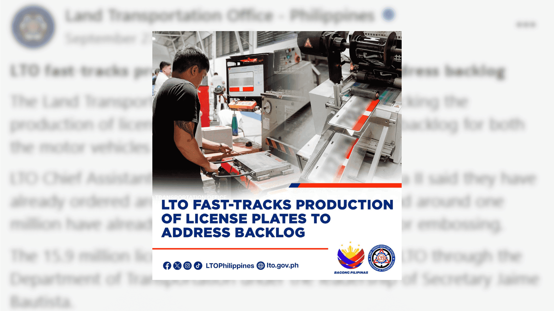 LTO pushes license plates production to confront backlog