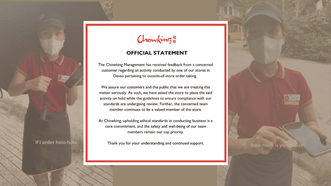 Chowking PH puts "on-hold" the reported outside-of-store order taking in Davao branch