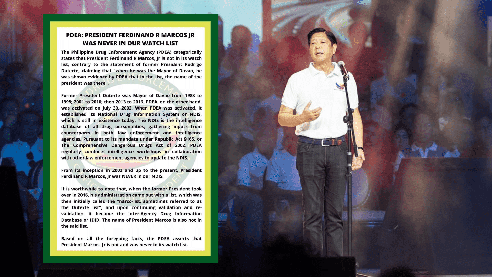 PDEA falsifies Duterte's allegation that Marcos is included in drug watch list