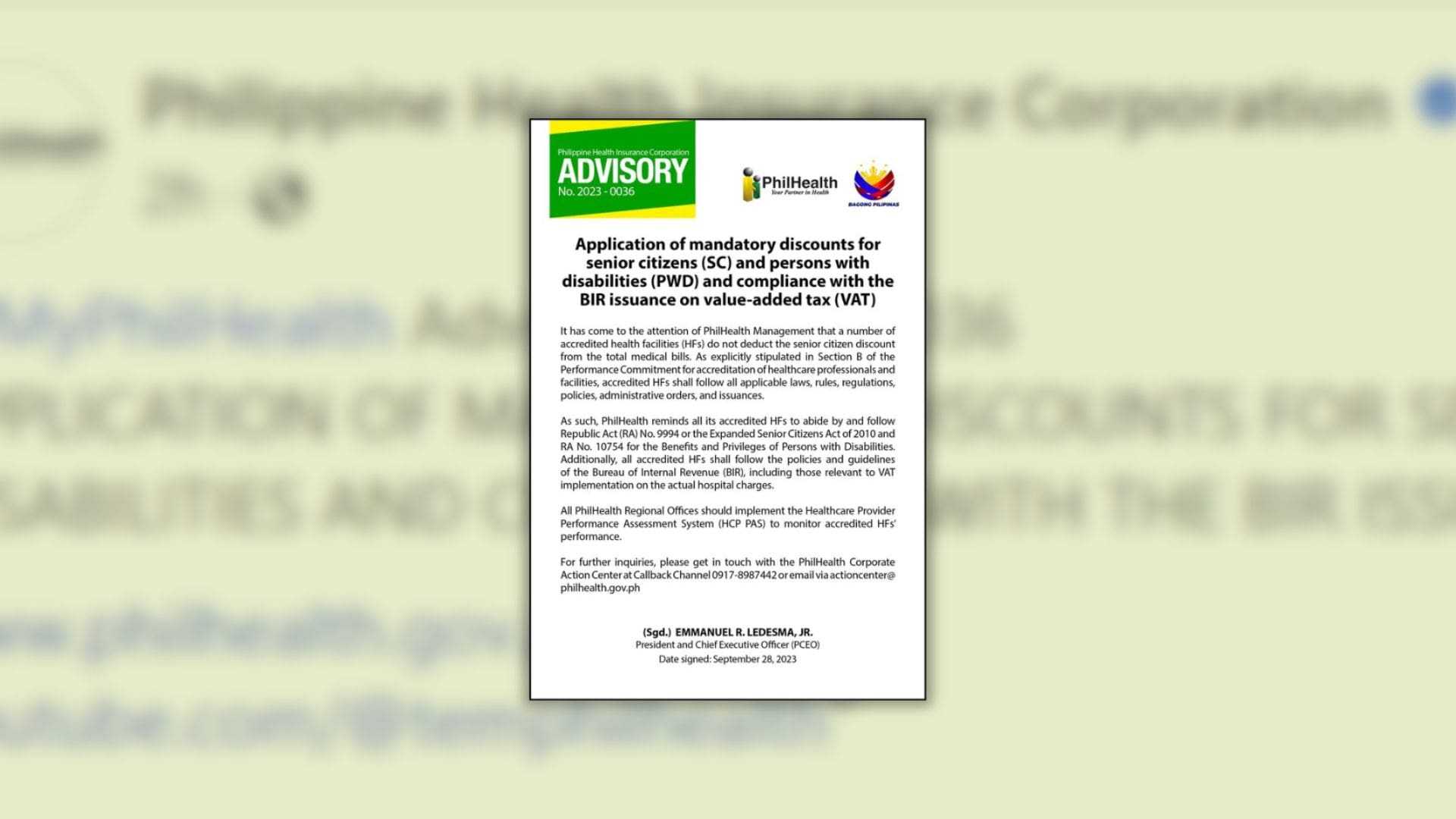 PhilHealth urges accredited hospitals to follow mandatory discounts for senior citizens