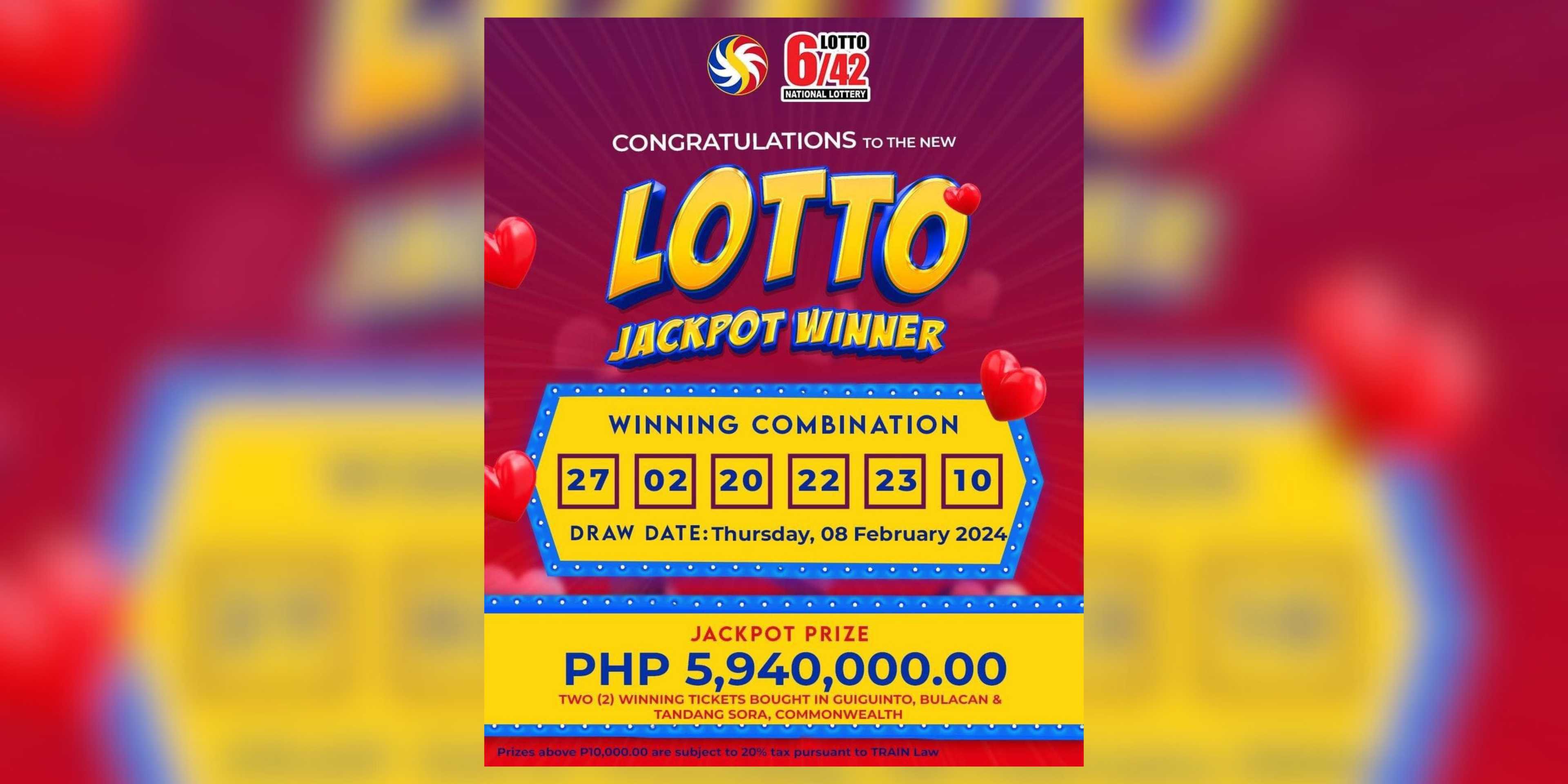 Two lucky winners claim P5.94-M jackpot in PCSO Lotto 6/42 draw