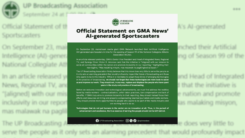 UP Broadcasting Association issues statement on AI-generated sportscasters