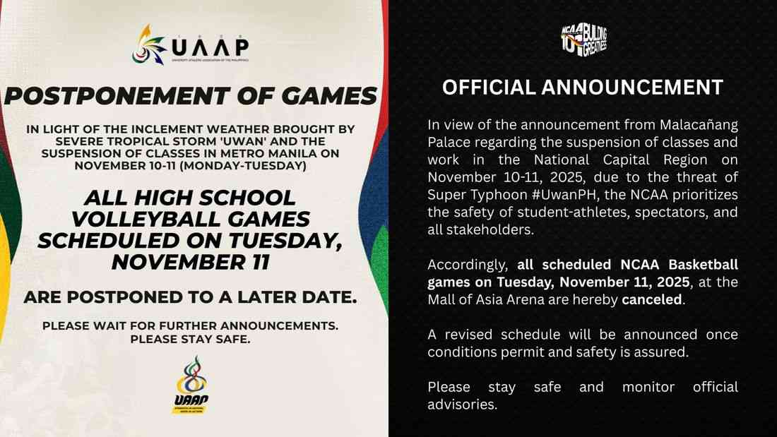 NCAA, UAAP postpone November 11 games due to #UwanPH