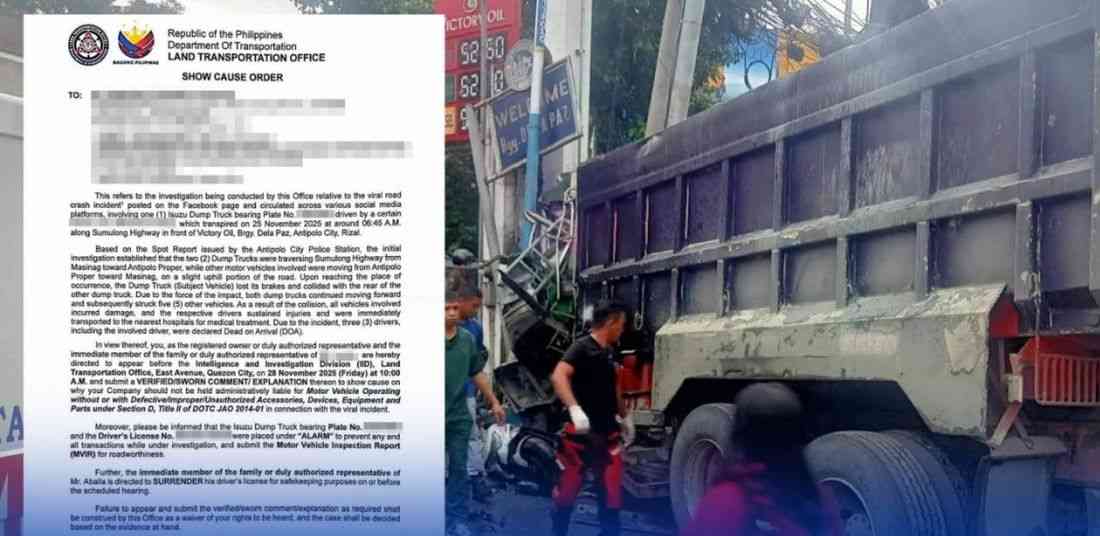 LTO issues SCO vs. dump truck owner after fatal Rizal accident