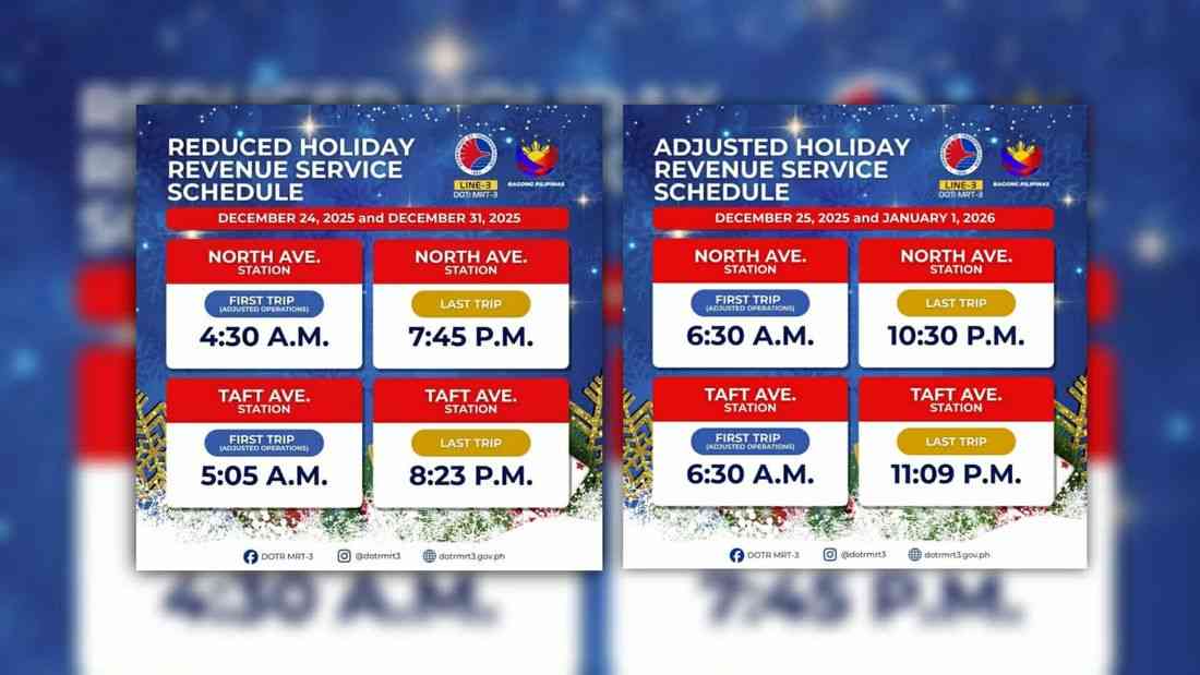MRT-3 announces adjusted train schedules for Christmas and New Year holidays