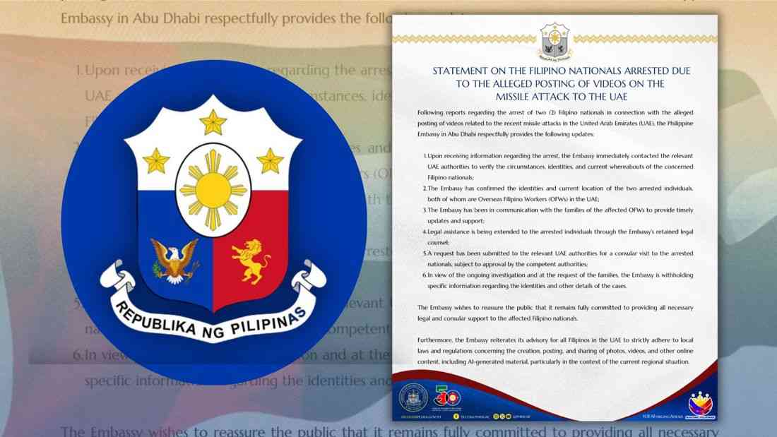 Philippine Embassy confirms arrest of 2 OFWs in UAE