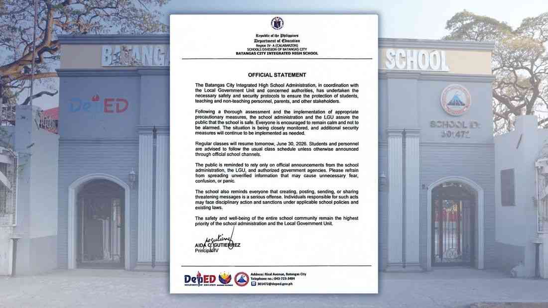 Batangas high school to resume classes on June 30 following assessment, security protocol implementation