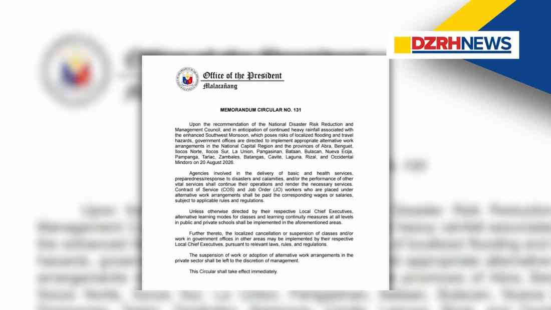 Palace orders alternative work arrangements, learning modes in 18 areas on August 20
