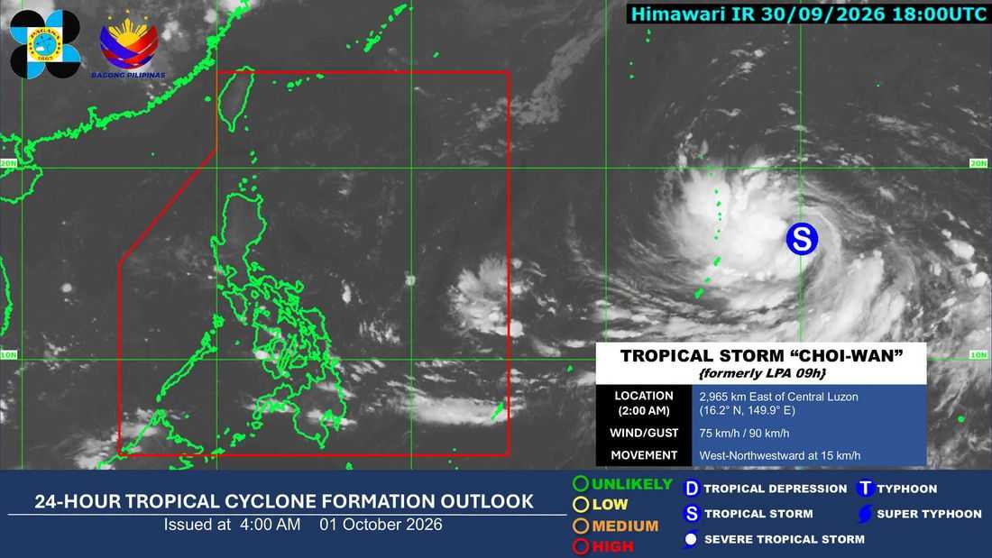 Trough of Tropical Storm Choi-Wan to bring rains, thunderstorms over eastern Visayas, Mindanao