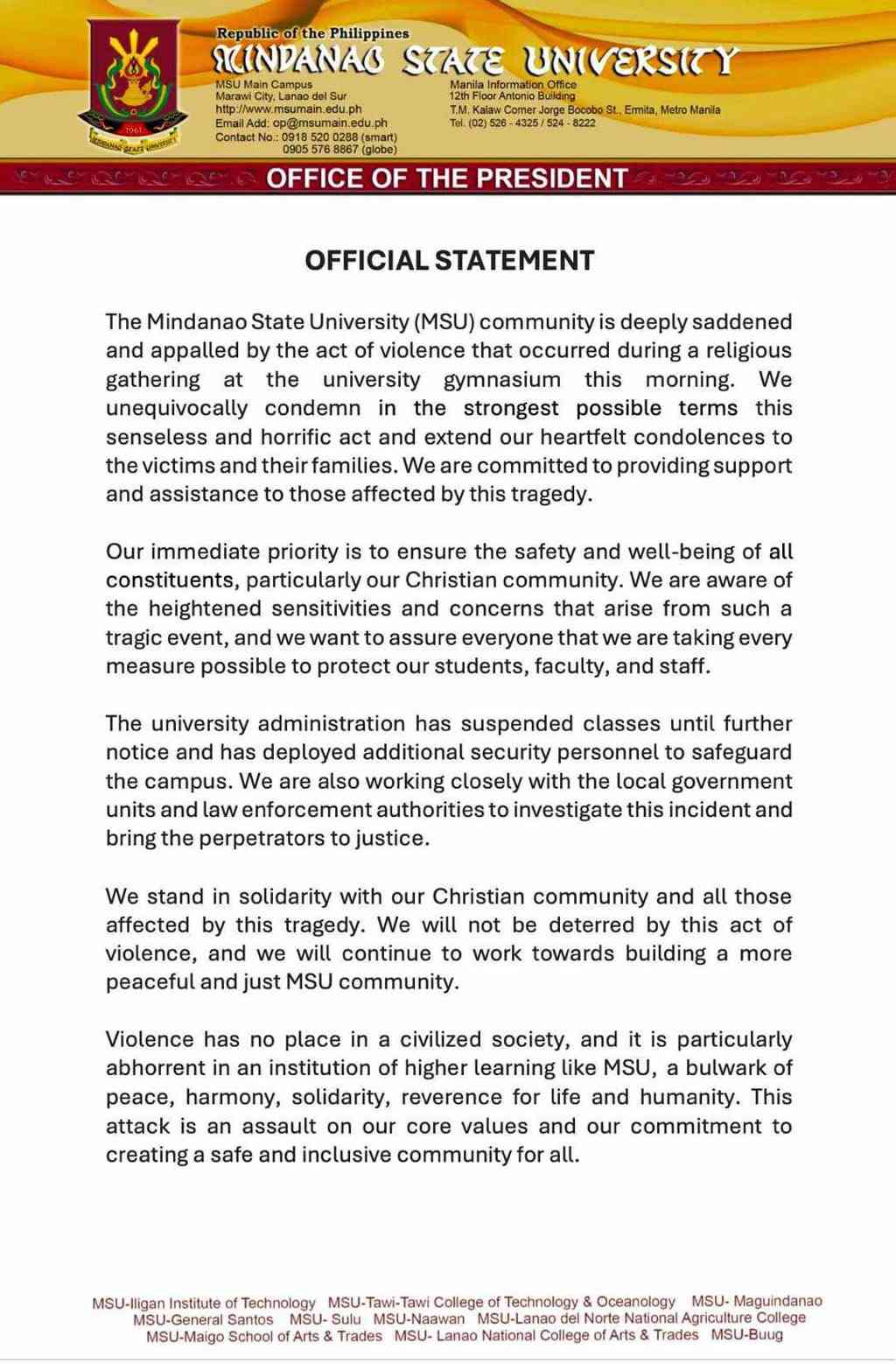 Diplomatic community condemns Mindanao State University bombing