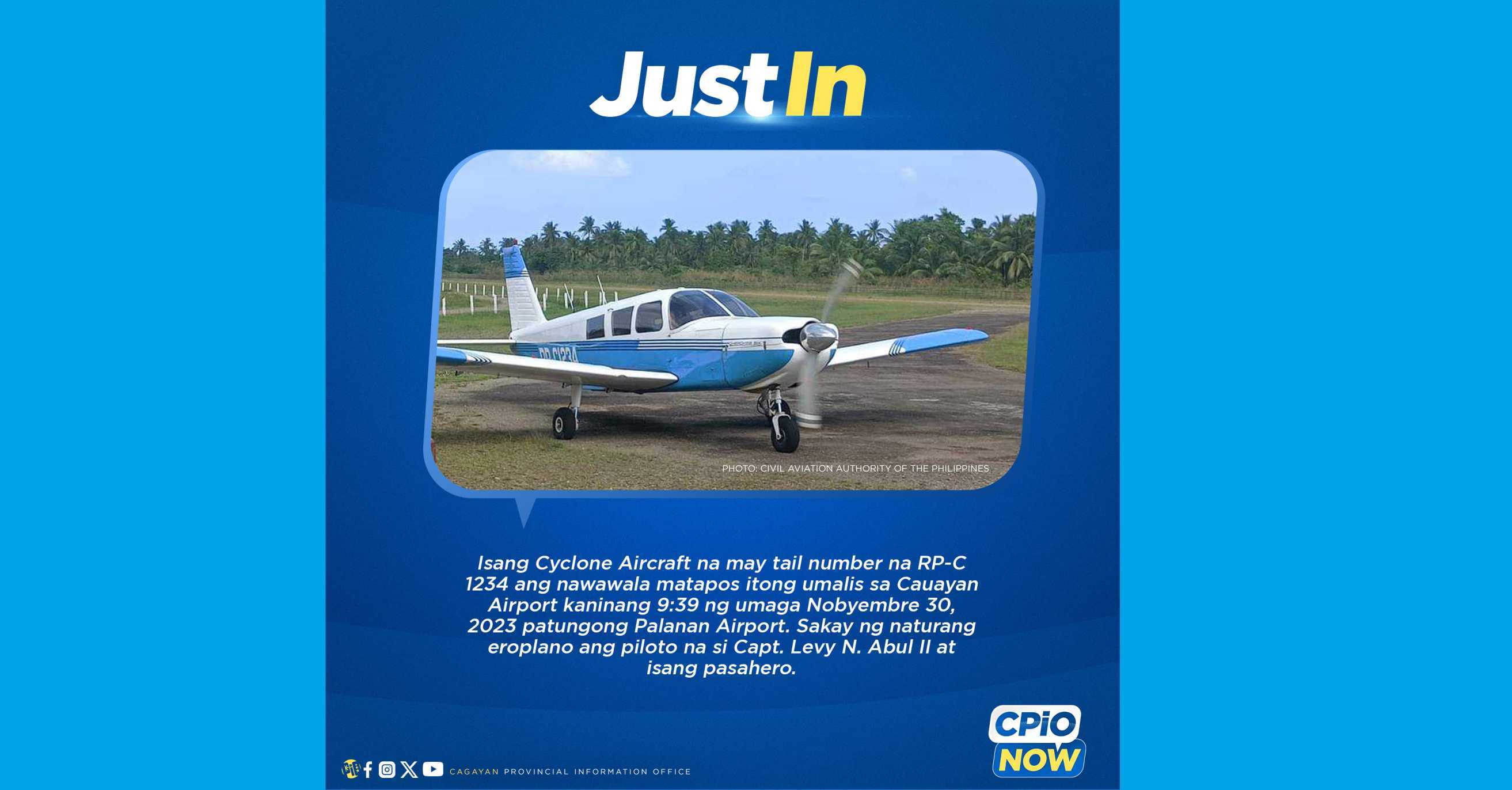 Light plane goes missing after take off in Cauayan, Isabela