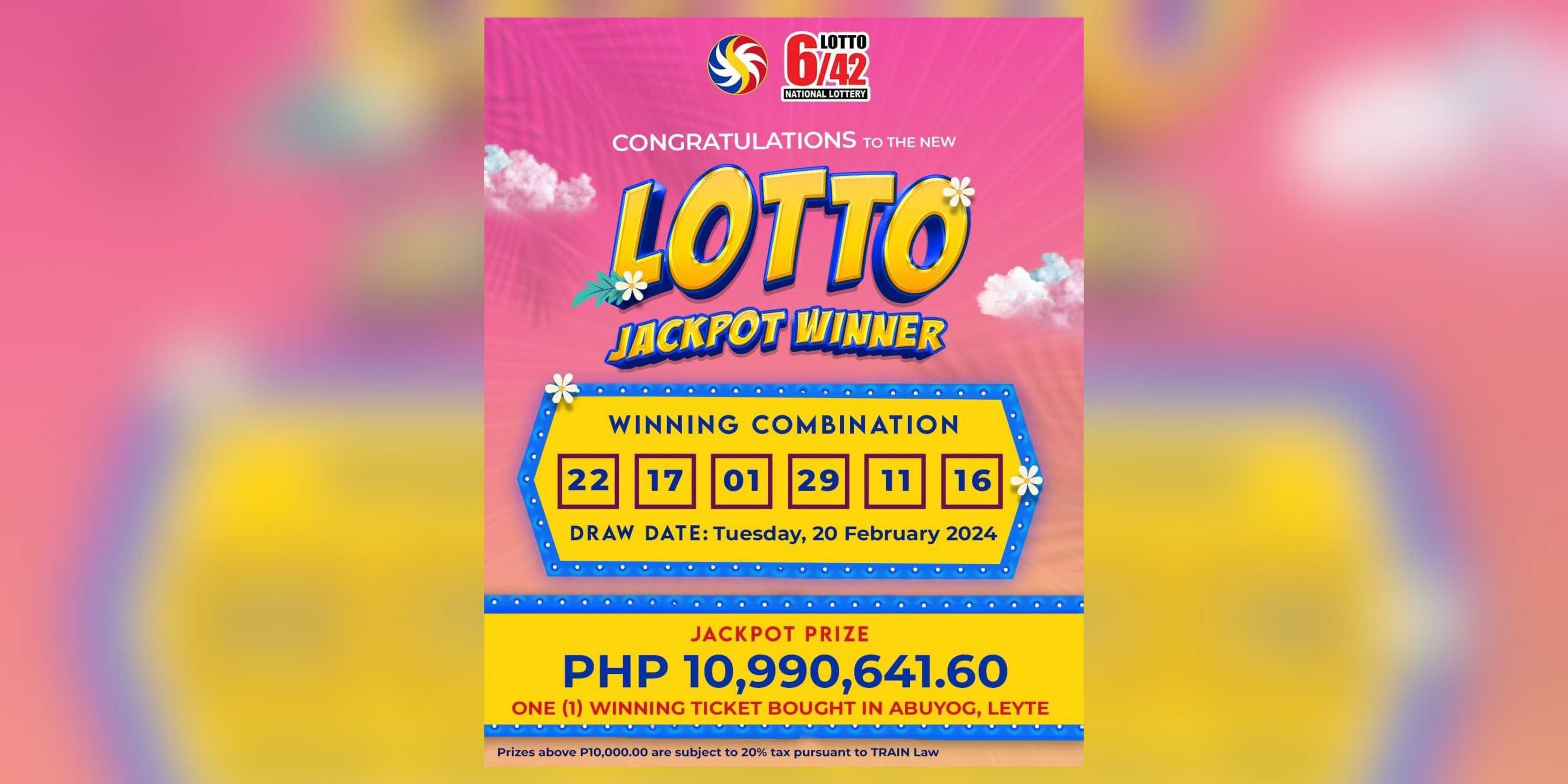 Lone bettor wins P10.9-M jackpot in Lotto 6/42