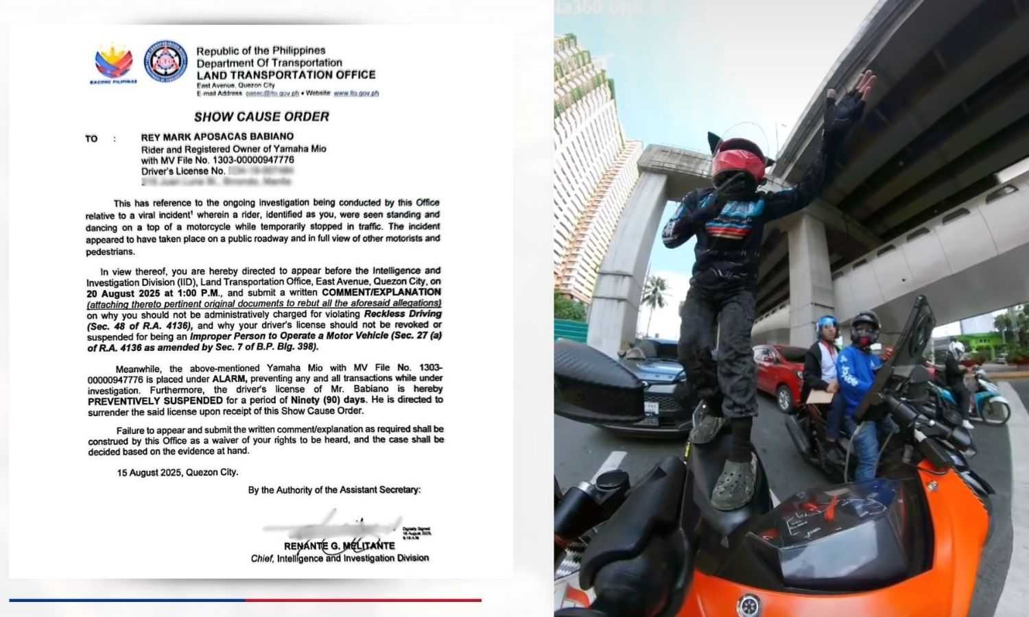 LTO suspends moto rider’s license over viral 'boat dance' stunt