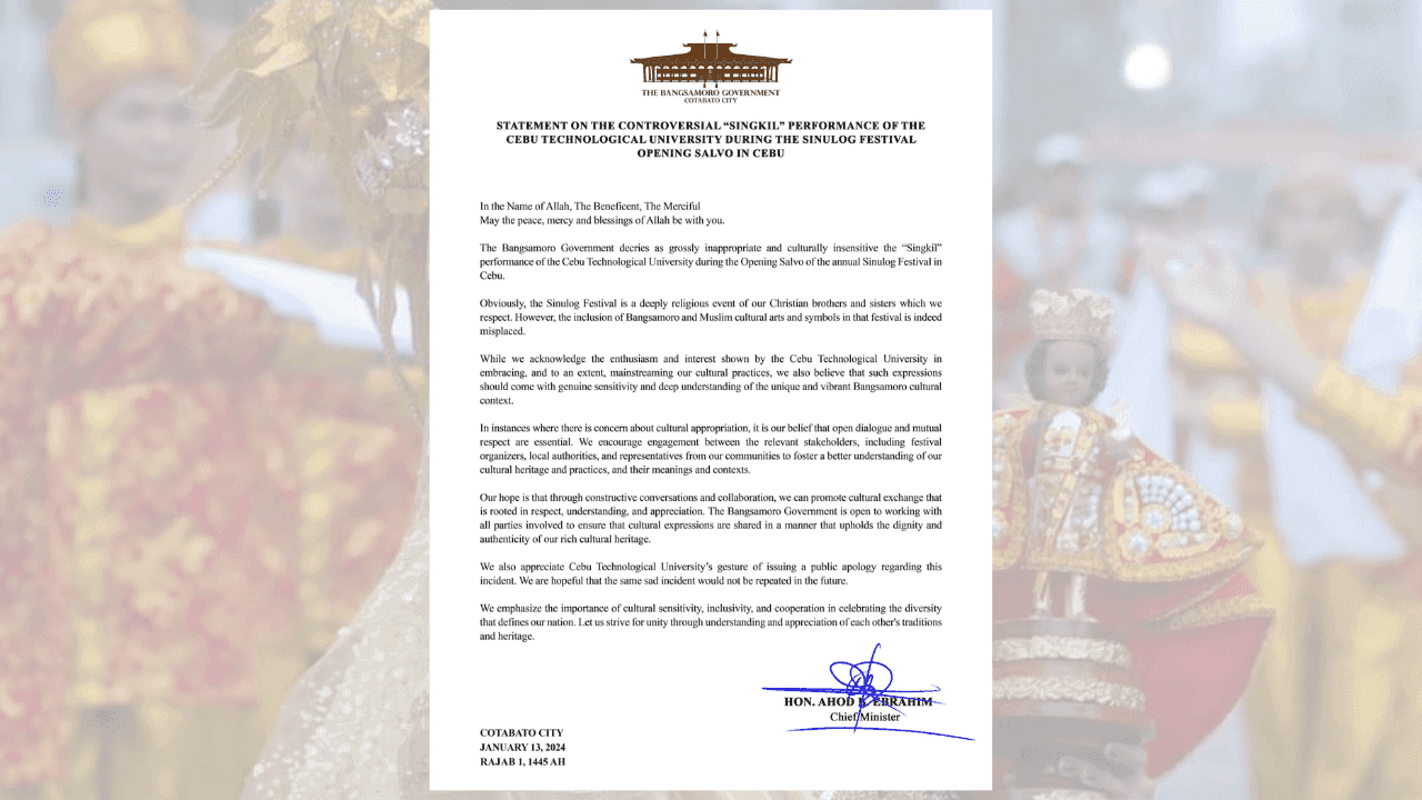 BARRM gov't accepts CTU's apology over performers' Muslim attire during Sinulog Festival