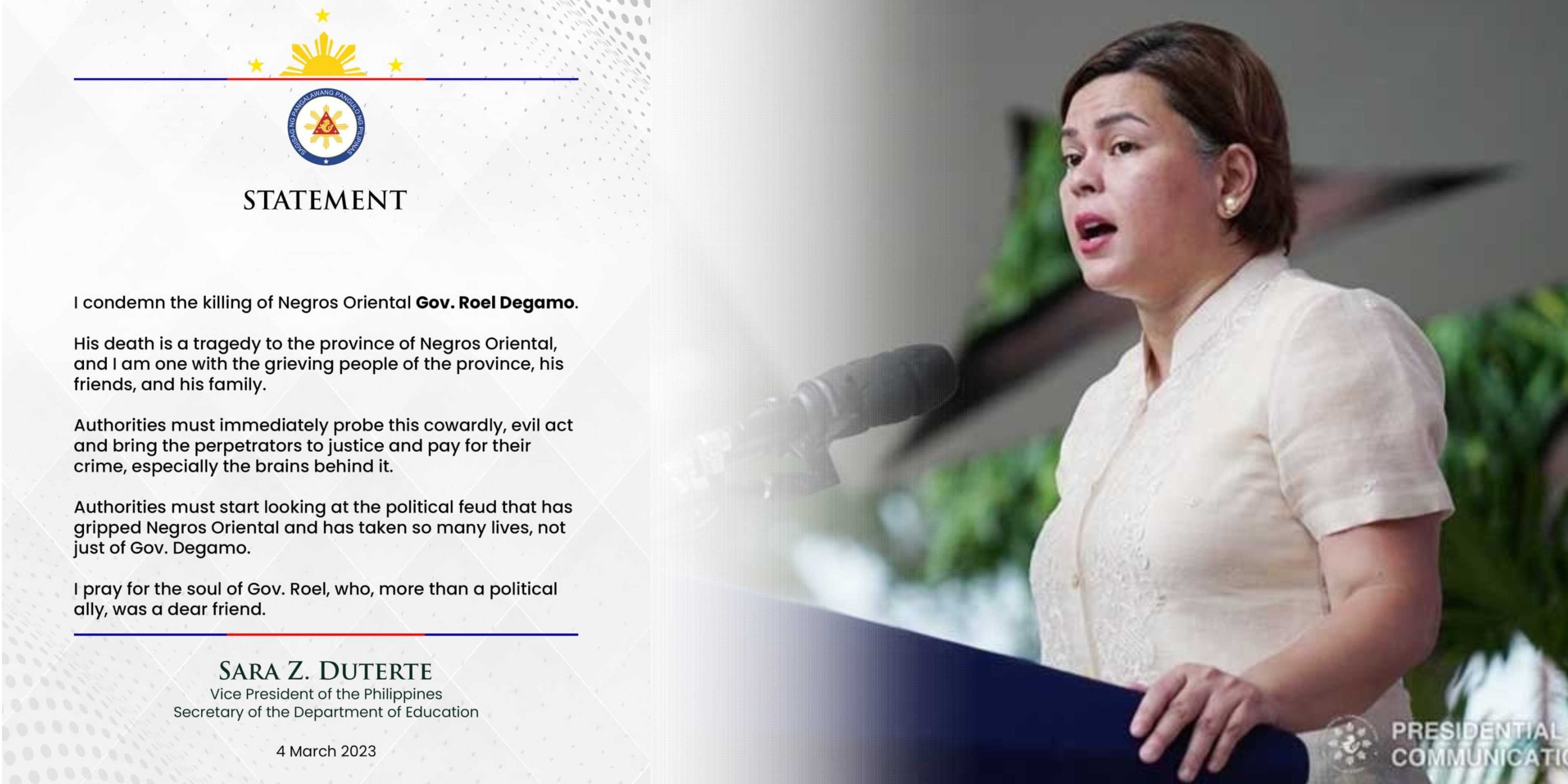 VP Sara condemns killing of Negros Oriental governor