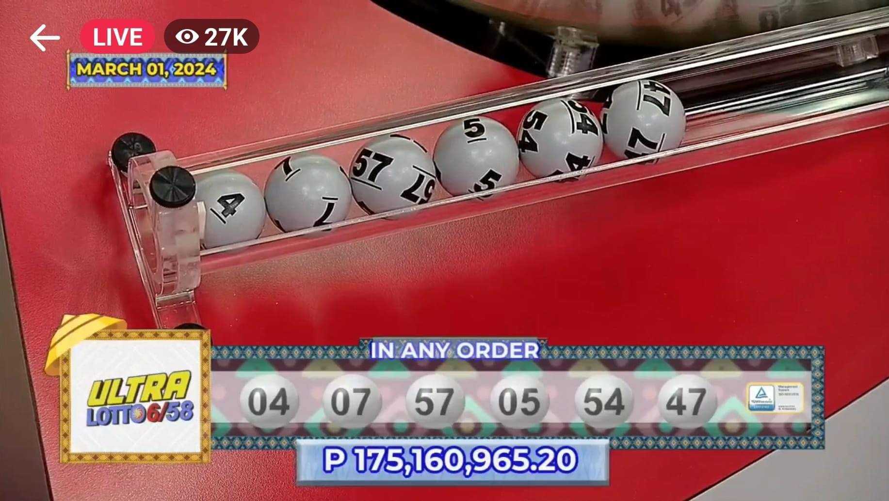 Single ticket holder claims P175-M jackpot in Ultra Lotto 6/58 draw