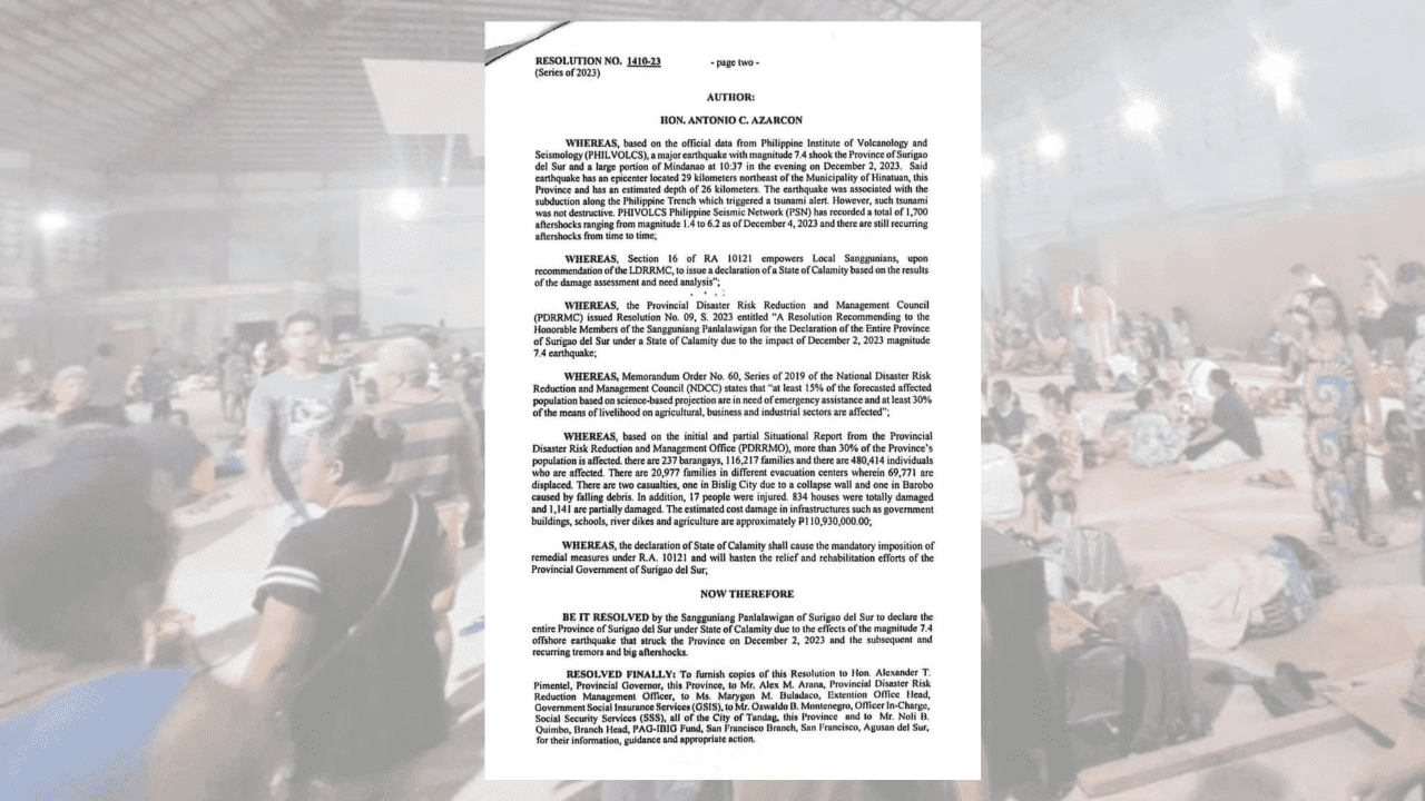 Surigao del Sur under state of calamity due to effects of MW.74 earthquake