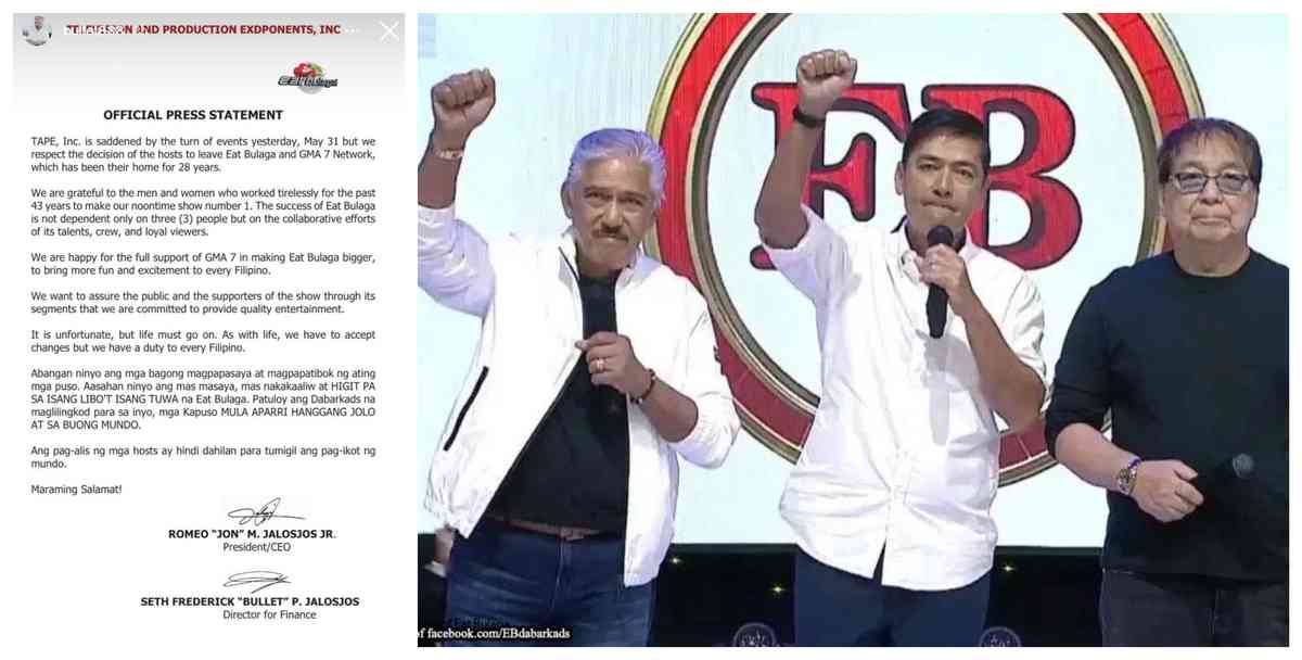 "It's unfortunate but life must go on" TAPE Inc. issues statement over Tito, Vic, Joey departure