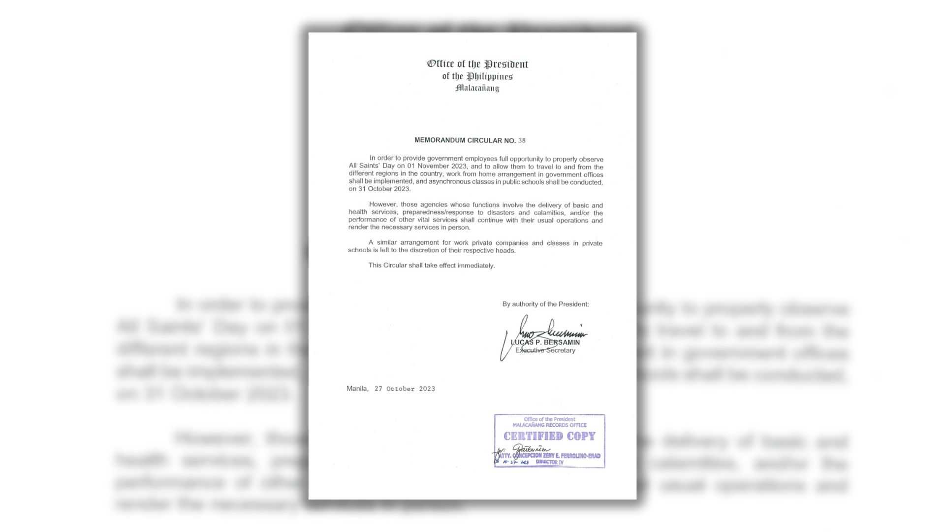 Palace sets WFH setup for gov't employees, asynchronous classes on Oct. 31